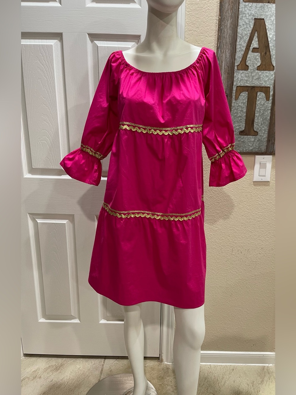 Flora Bea NYC Azaria Midi Dress Fuchsia Pink Gold Ric Rac Trim M NWOT